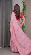 Soft Baby Pink Satin Georgette Saree with Love Letter & Stamp Motif Print and Attached Coral Red Plain Blouse – 5.5 Meter Romantic Designer Saree for Valentine’s Day & Anniversary Wear