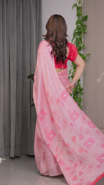Soft Baby Pink Satin Georgette Saree with Love Letter & Stamp Motif Print and Attached Coral Red Plain Blouse – 5.5 Meter Romantic Designer Saree for Valentine’s Day & Anniversary Wear