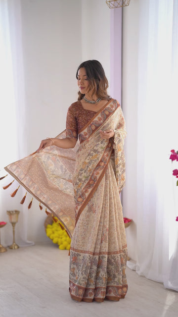 Elegant Beige & Brown Pure Linen Cotton Handloom Saree with Animal Motifs and Floral Prints