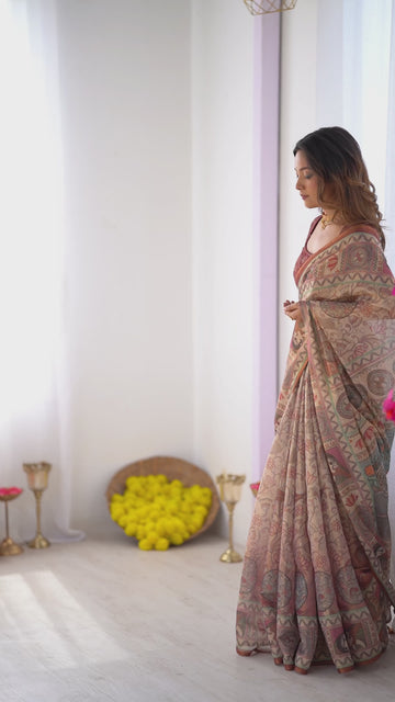 Beige & Maroon Handloom Cotton Saree | Mughal Royal Faces & Elephant Pallu – Buy Online