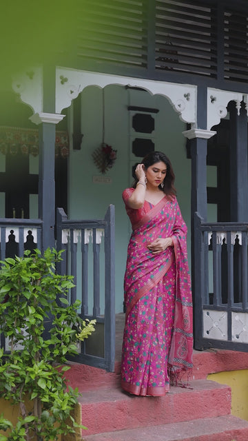 Magenta & Pink Pure Cotton Linen Saree | Floral Paisley Block Print with Blouse & Tassels