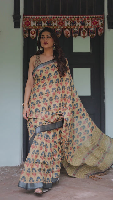 Beige & Charcoal Pure Cotton Linen Saree | Floral Print with Blouse & Tassel Detailing