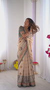 Ivory & Teal Handloom Cotton Saree | Mandala Buti, Peacock Pallu & Contrast Blouse – Buy Online