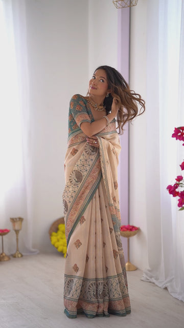 Ivory & Teal Handloom Cotton Saree | Mandala Buti, Peacock Pallu & Contrast Blouse – Buy Online