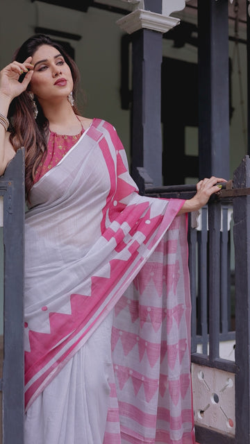 White & Pink Pure Cotton Linen Saree | Geometric Stripes with Blouse & Tassel Detailing