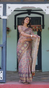 Mauve Beige Handloom Cotton Saree with Pastel Floral Print & Royal Tree-Elephant Pallu