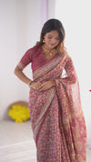 Maroon Pure Linen Cotton Handloom Saree with Elephant & Floral Folk Art