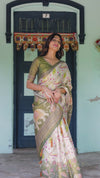 Olive Green & Ivory Handloom Cotton Saree with Lotus Blooms and Royal Elephant Motifs