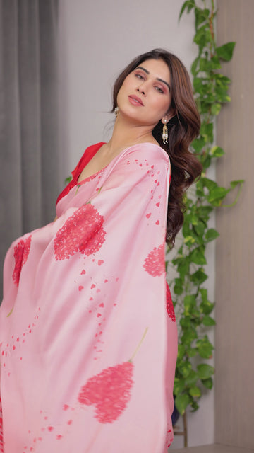 Blush Peach Satin Georgette Romantic Printed Saree with Heart Tree, Proposal Couple Artwork & Matching Blouse